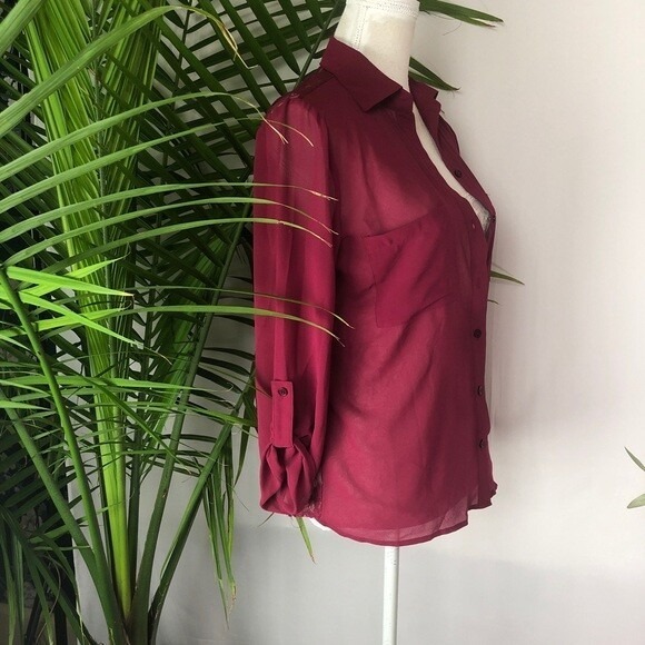 Burgundy‎ Sheer Button Up Blouse with Lace Back, Long Sleeve Shirt Y2K - Picture 5 of 7